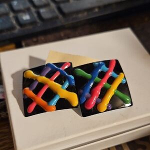 Vintage 80's Colorful Striped Square Pierced Earrings